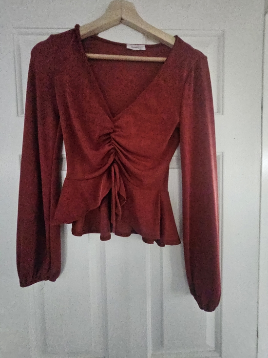 Tops - Rust Red Long-Sleeve Peplum Ruched Top